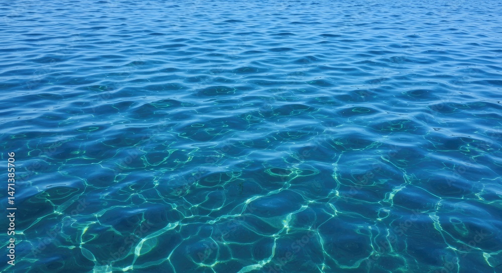 Obraz premium Calm, azure water surface with sunlit ripples. Gentle waves, transparent, shimmering