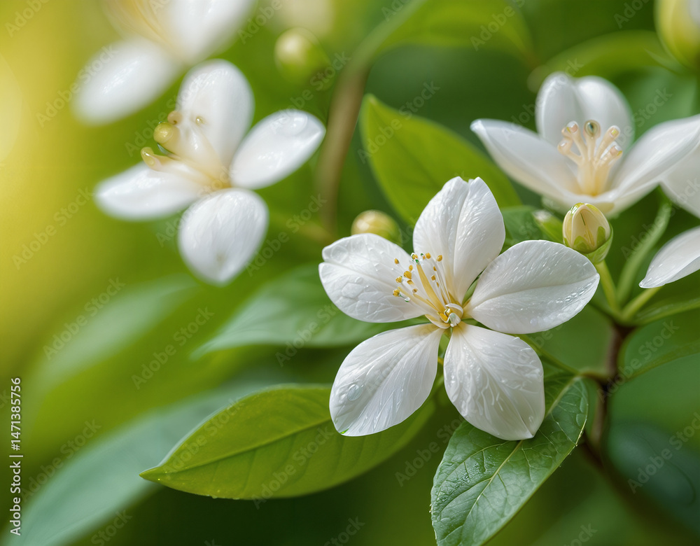 Close-up of radiant white jasmine blooms with vibrant green foliage and a soft, dreamy light. Close-up of radiant white jasmine blooms with vibrant green foliage and a soft, dreamy light.