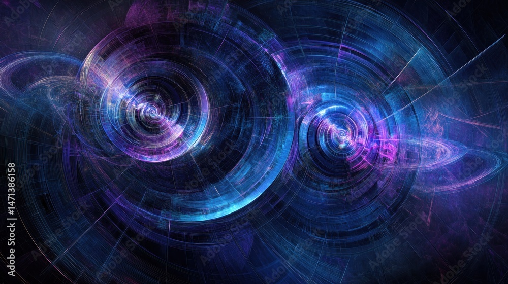 Fototapeta premium Abstract futuristic design with swirling circular patterns in vibrant blues and purples.