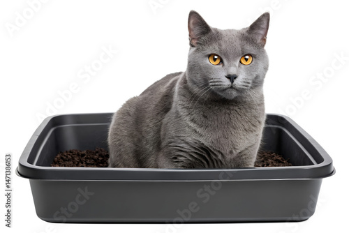 Beautiful gray cat using a litter box on black background, gray cat, chartreux, litter box, pet, feline, domestic animal, studio shot, black background, kitty, short hair, adorable, animal, indoors photo