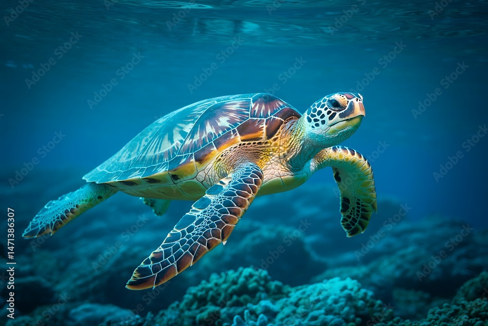 Fototapeta premium Majestic Green Sea Turtle Gracefully Swimming in Vibrant Ocean Coral Reef