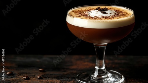 An elegant espresso martini cocktail topped with whipped cream and coffee beans is served on a dark bar, showcasing a luxurious and delicious caffeinated drink.