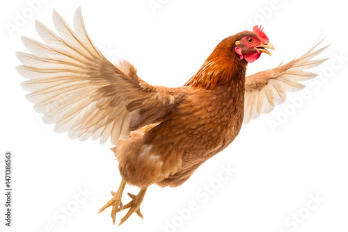 Brown chicken flying with wings spread against a black background, chicken, hen, fowl, poultry, bird, farm, animal, livestock, flying, flight, wings, spread wings, brown, isolated, black background