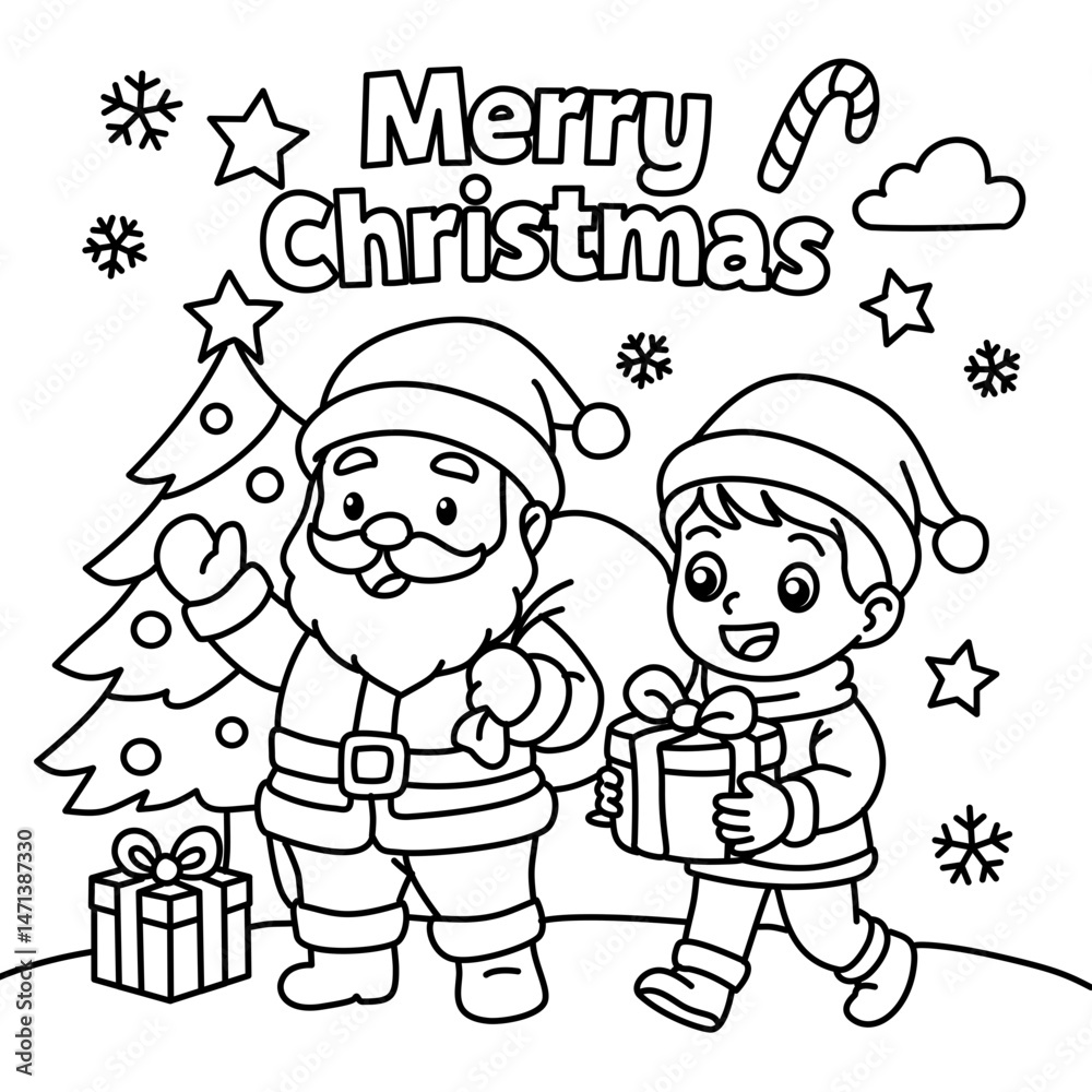 Naklejka premium Cute Christmas coloring page with Santa Claus and a boy holding a gift box near a decorated tree. Festive holiday line art for kids with 'Merry Christmas' text and holiday icons.