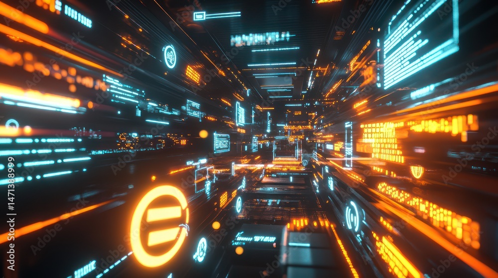 Obraz premium A fast-paced 5G digital world with glowing speed icons and seamless data flow between devices.