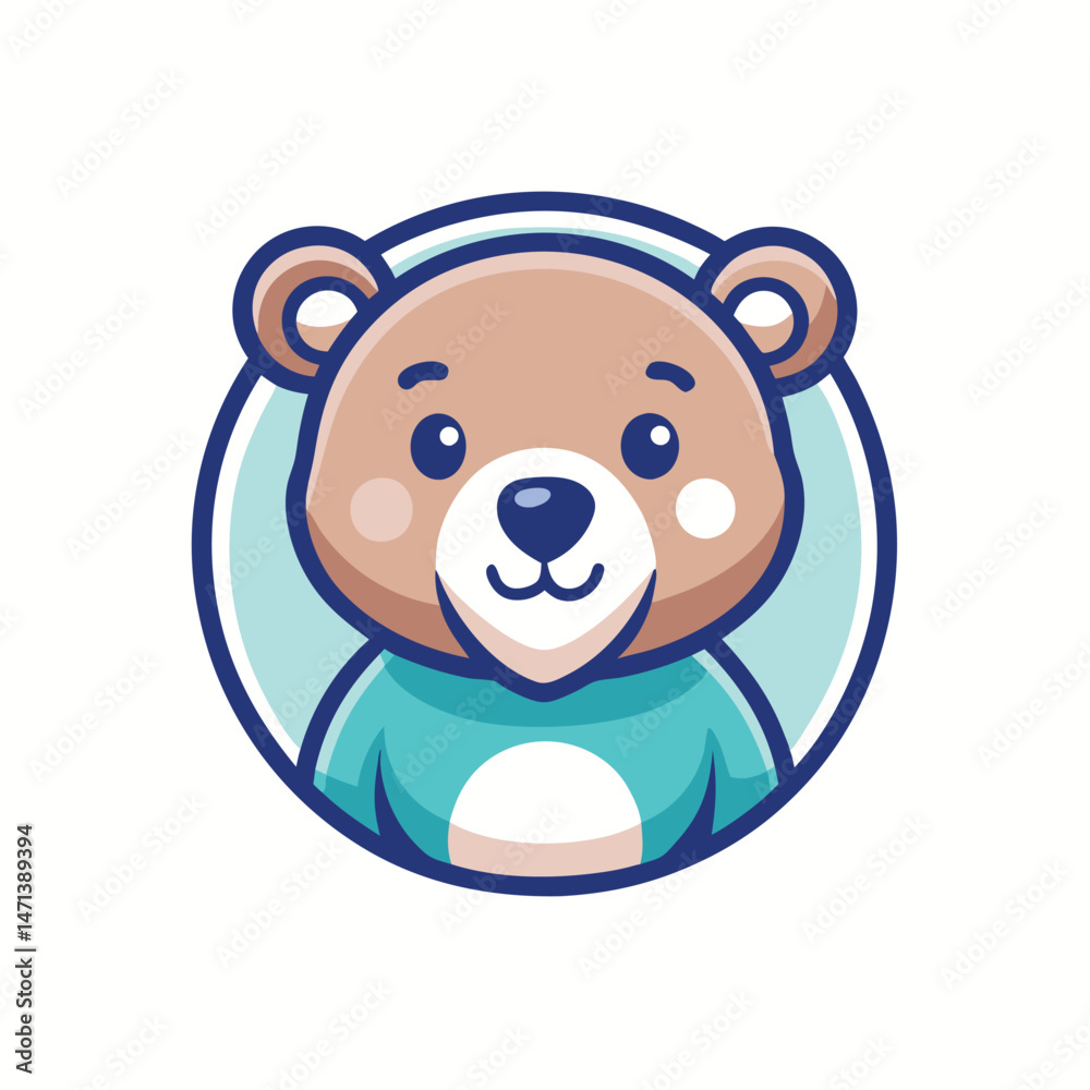 Fototapeta premium Colorful bear logo vector illustration featuring a friendly bear head design in a circular shape with light blue background