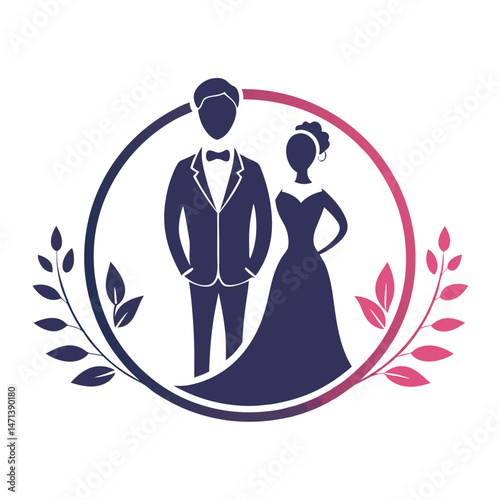 Elegant wedding logo design featuring stylish couple with floral accents and heart symbol in vector clipart format for celebration and event planning