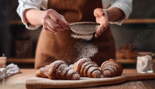Baker dusting sugar on chocolate croissants in bakery delicious