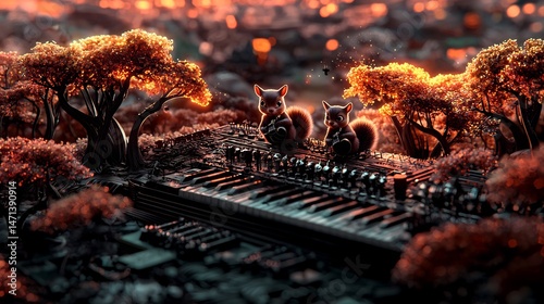 Two squirrels on a keyboard, autumnal city backdrop