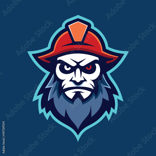 Bold pirate mascot vector illustration featuring a fierce captain with a distinct cap and rebellious expression on a bright blue background