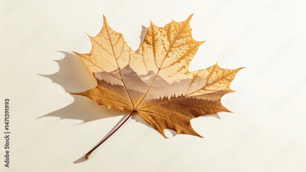 Fototapeta premium A dried maple leaf displays a serene mountain landscape imprinted on its surface, symbolizing nature's connection and the passage of time.