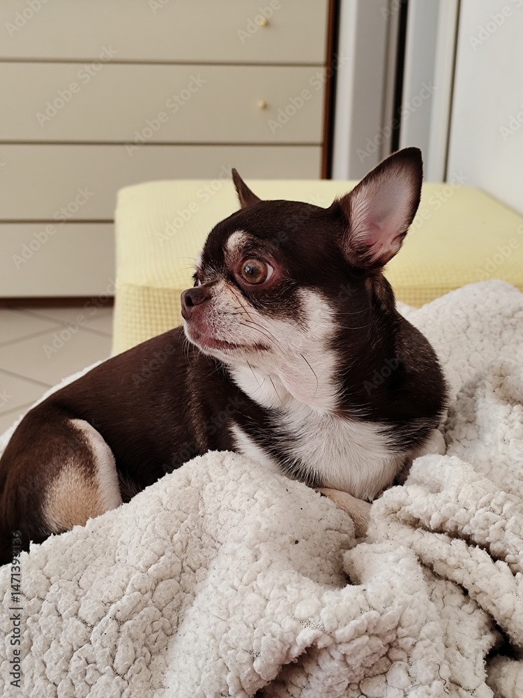 Cute little chihuahua dog resting on sofa at home