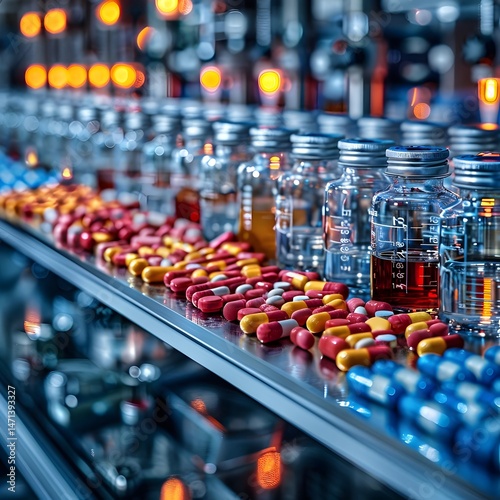This image shows a pharmaceutical production line where transparent glass bottles are filled with colorful capsules and pills.
