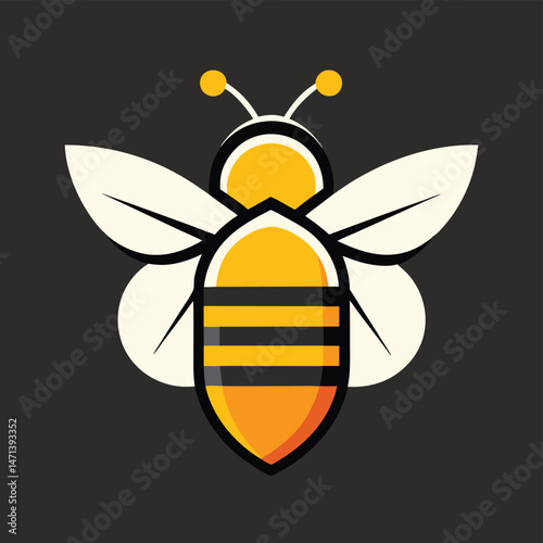 Playful vector illustration of a bee logo featuring bold colors and simple design, ideal for branding or educational materials about nature and pollination