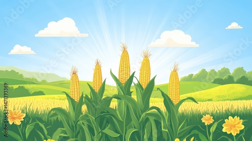 Fields of golden corn under a bright sky with soft clouds and verdant background