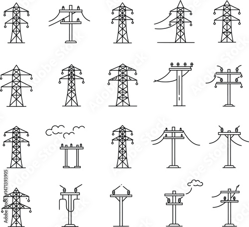 High Voltage Power Line Symbols, Electrical Tower Icons Set