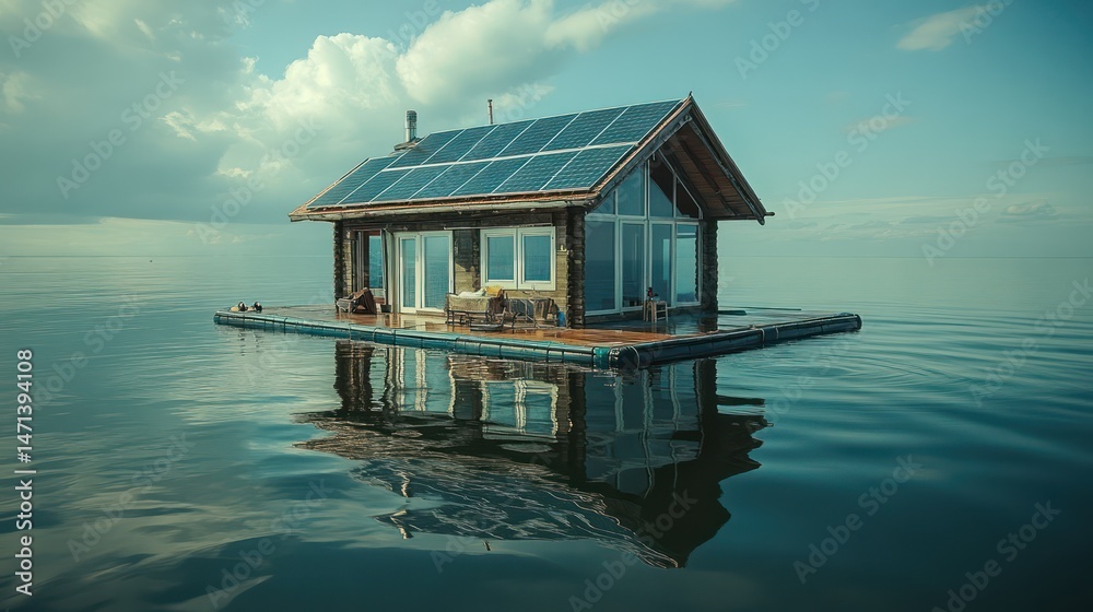 Obraz premium A floating city powered by solar and wind, with homes on water platforms, living in harmony with the ocean.