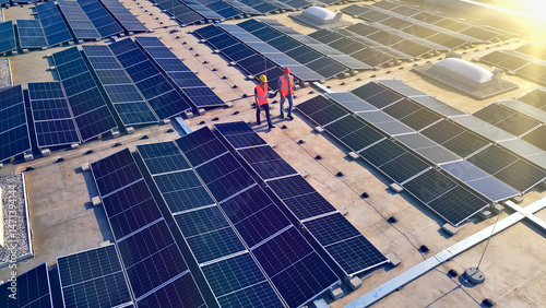 Aerial view of a vast solar farm, workers in orange vests inspecting panels, symbolizing eco-friendly green tech and sustainable energy generation.