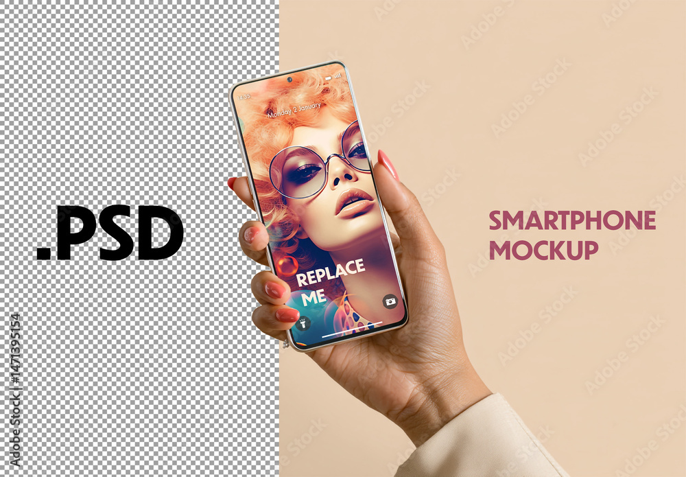 Woman hand holding a smartphone on colored background Stock Template ...