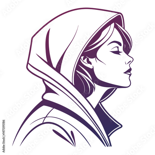 Stylized vector illustration of a woman in a hooded cloak emphasizing elegance and mystery, ideal for various design projects and branding needs