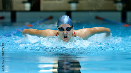Athlete glides through the pool, demonstrating intense focus and determination. The close-up shot captures the swimmer's powerful strokes and the splash of water, highlighting the dedication and skil.