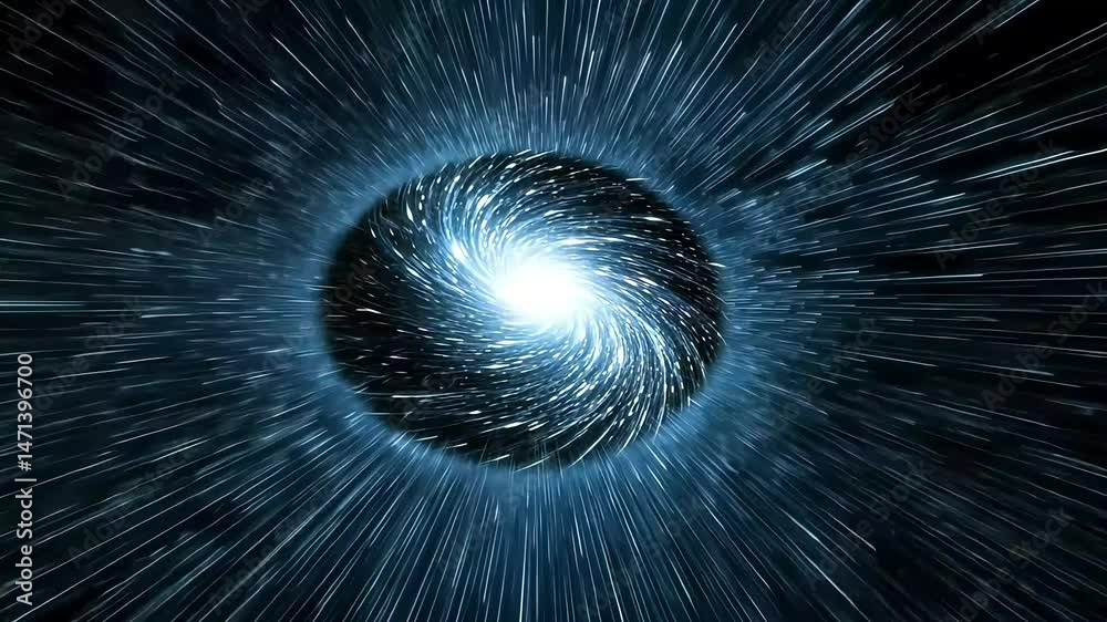 Abstract swirling blue energy sphere emitting light streaks on black background