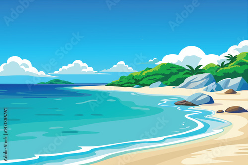 Beautiful beach landscape with clear blue water and lush greenery under a bright sky