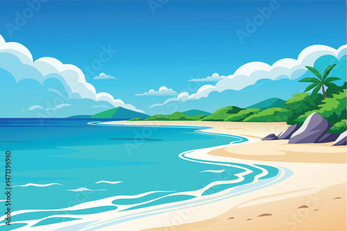 Beautiful beach landscape with clear blue water and lush greenery under a bright sky