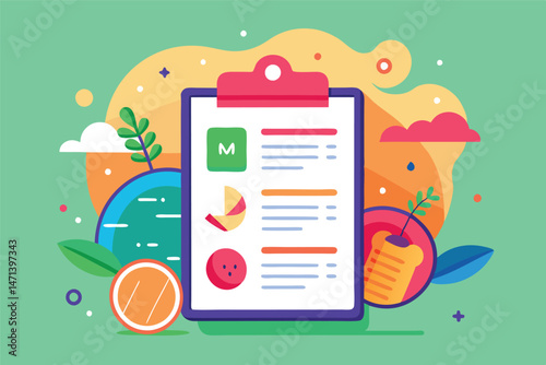Colorful clipart illustration of a checklist on a clipboard surrounded by fruits and greenery depicting organization and productivity in a vibrant setting