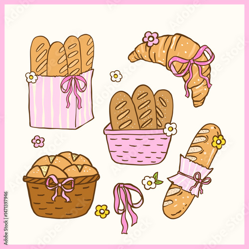 Cute Coquette Farmers Market Bread and Bakery Clipart Set, Pastel Doodle Baguette and Croissants Hand Drawn