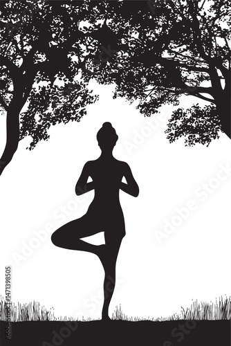 Yoga tree pose silhouette on white meditative background