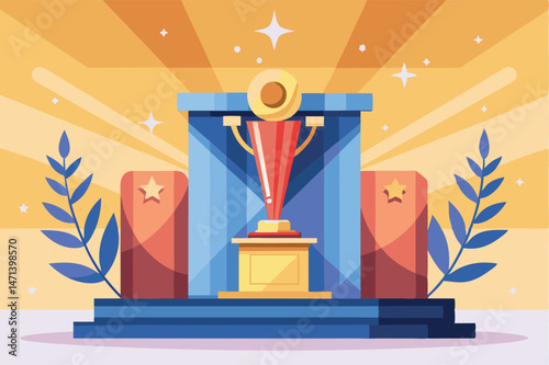 Vector illustration of a trophy stage with vibrant colors and decorative elements representing award ceremonies and celebrations