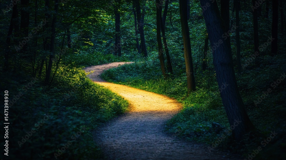 Naklejka premium Enigmatic Forest Path: A Glimmer of Light in the Dark Woods