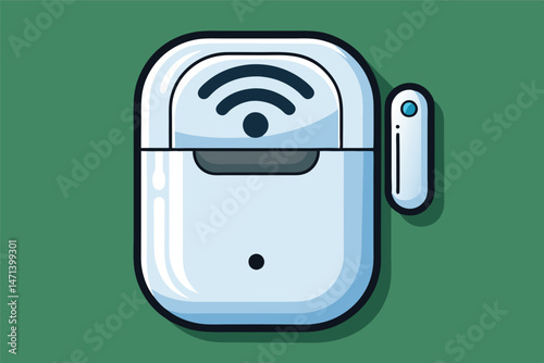 Wireless earbud charging case illustration with sound waves representing connectivity and technology advancements in personal audio devices