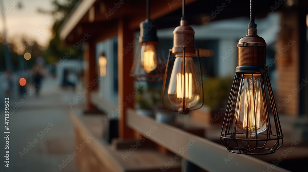 Obraz premium Cozy vintage lightbulbs hanging at outdoor cafe terrace
