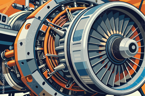 Vector illustration of a detailed aircraft turbine engine showcasing intricate design elements and mechanical components