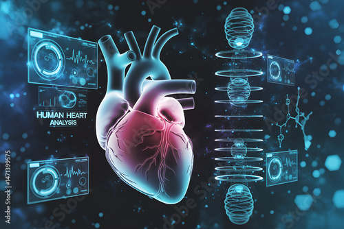 Futuristic Digital Medical Visualization of Human Heart with Holographic Interface and Data Elements