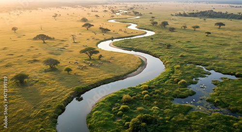 Scenic winding river through golden plains