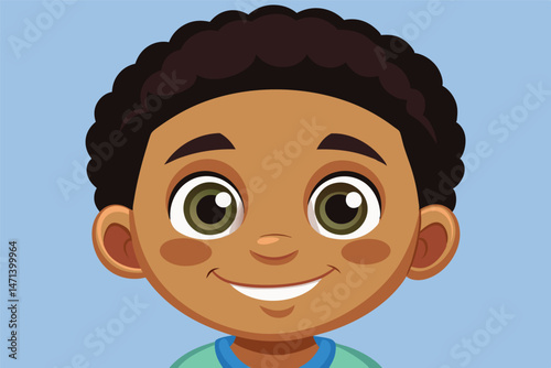 Vector illustration of a cheerful young boy with bright green eyes and curly hair wearing a sleeveless shirt against a soft colored background