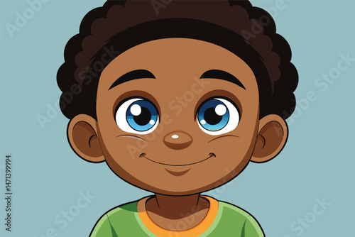 Vector illustration of a cheerful young boy with bright green eyes and curly hair wearing a sleeveless shirt against a soft colored background
