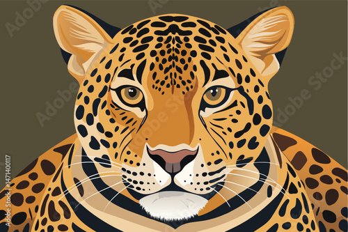 Vector illustration of a realistic leopard face with detailed fur patterns and striking green eyes against a neutral background