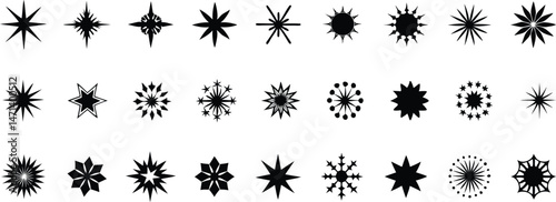 Set of sparkling stars icons. decorative twinkle and bursts forms, abstract shining flash symbols, glowing light effect vector graphic elements collection