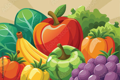 Colorful vector illustration of fresh vegetables and fruits featuring peppers, melons, and leafy greens in a vibrant design