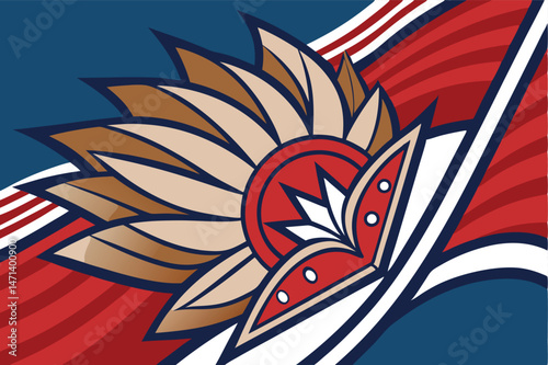 Vector logo design featuring a prominent shield and stylized elements in red and gold colors depicting strength and identity
