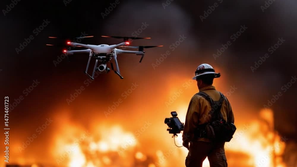 Drone Assisting Firefighter: A firefighter monitors a drone as it surveys a raging wildfire, showcasing the crucial role of technology in modern firefighting. Drone Assisting Firefighter: A firefighter monitors a drone as it surveys a raging wildfire, showcasing the crucial role of technology in modern firefighting.