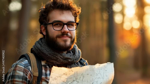 A young man traveling with a map in the forest.