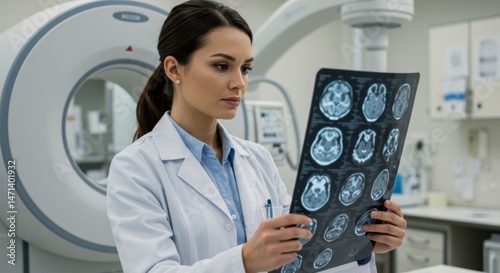Focused Female Doctor Reviewing Brain MRI Scan