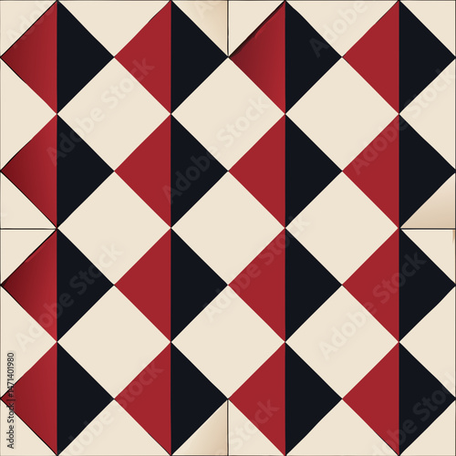 Geometric Checkerboard seamless vector Pattern in Red, Black, and Cream Colors  
