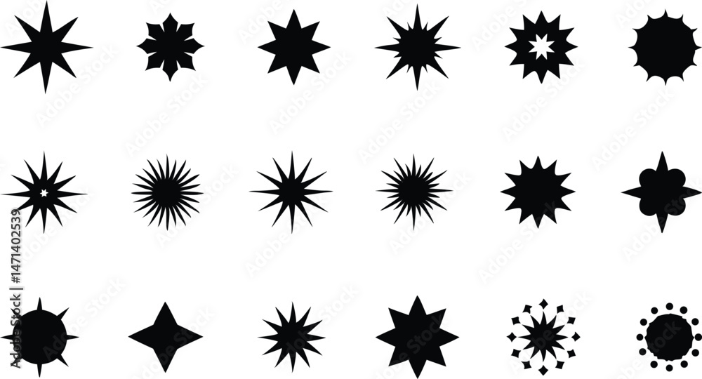 Set of sparkling stars icons. decorative twinkle and bursts forms, abstract shining flash symbols, glowing light effect vector graphic elements collection Set of sparkling stars icons. decorative twinkle and bursts forms, abstract shining flash symbols, glowing light effect vector graphic elements collection
