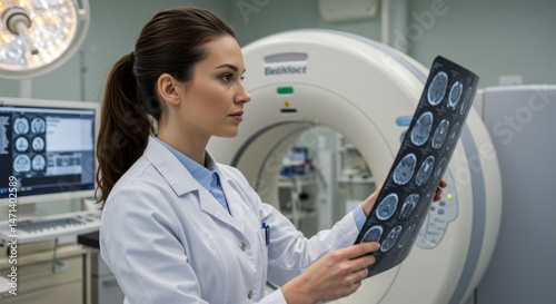 Female Doctor Reviewing Brain CT Scan in Hospital